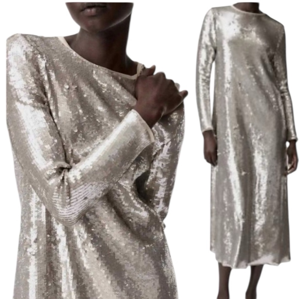 New Zara Silver Sequin Midi Knit Dress Loose Fit Blogger Favorite Bestseller